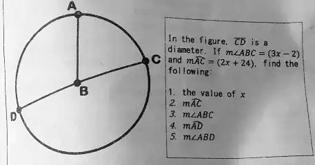 In the figure, CD is a diameter. If m∠ ABC = (3x - 2) and m⌢AC = (2x + 24), find the following:

1. the value of x
2. m⌢AC
3. m∠ ABC
4. m⌢AD
5. m∠ ABD