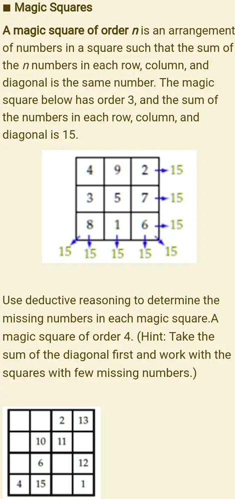 magic squares magic square of order nis an arrangement of numbers in a ...