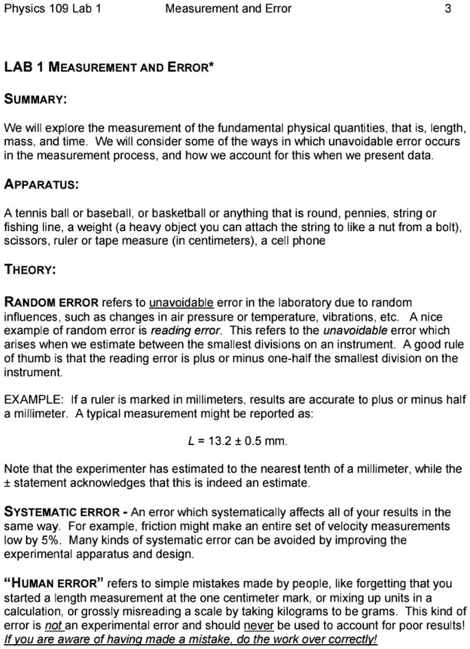 SOLVED Physics 109 Lab Measurement And Error LAB 1 MEASUREMENT AND 