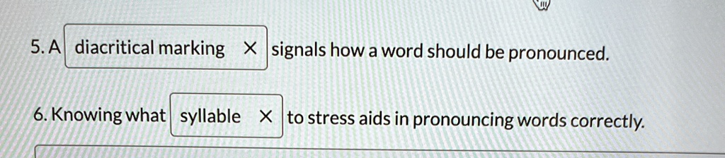 5. A diacritical marking X signals how a word should be pronounced.
6. Knowing what syllable X to stress aids in pronouncing words correctly.