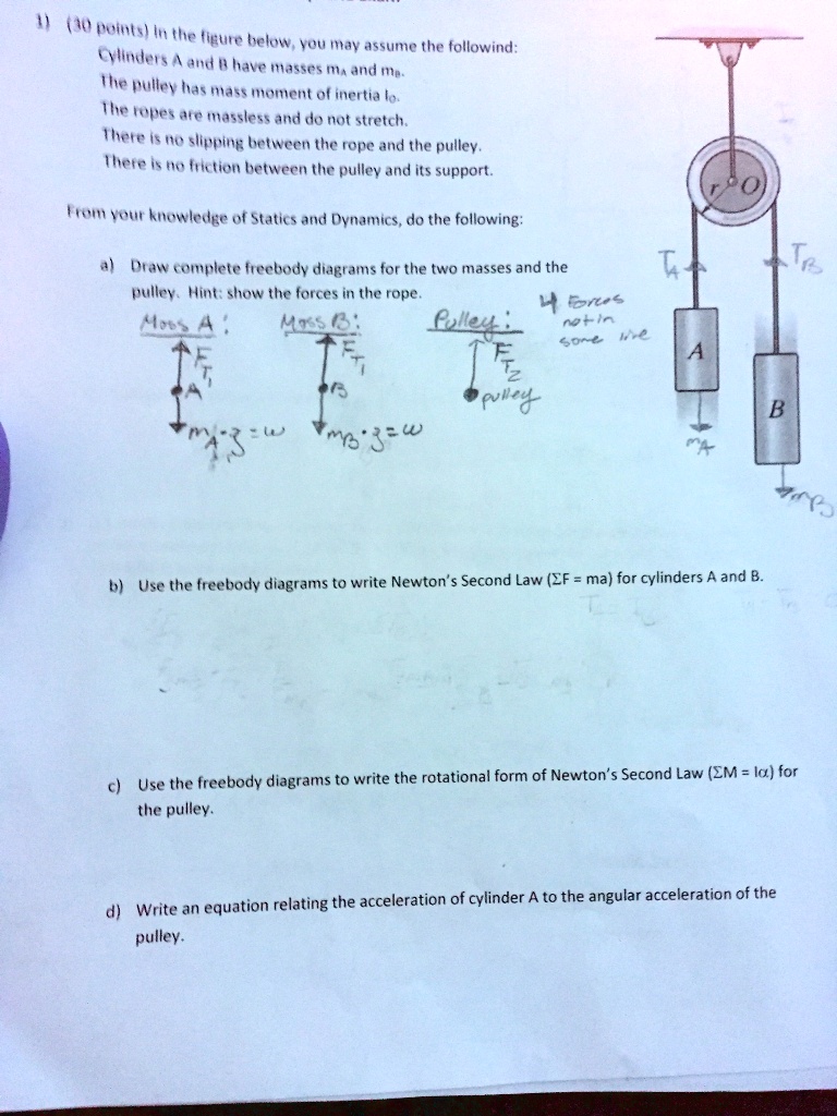 SOLVED Cylinders A and B have masses m and me The pulley has mass
