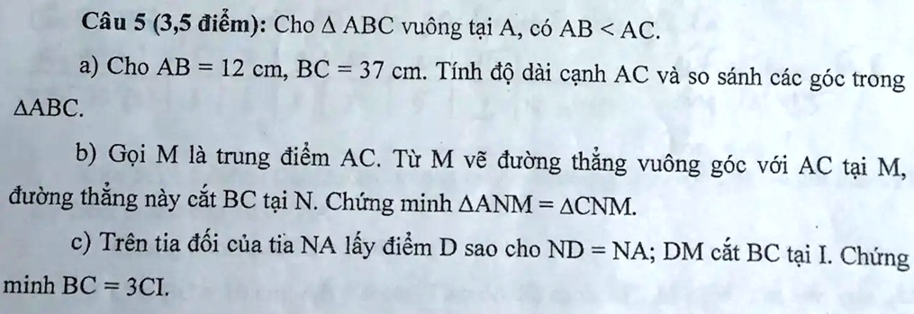 Solved CÃ¢u 5 3 5 Ä‘iáƒm Cho Abc VuÃ´ng Táº¡i A CÃ³ Ab