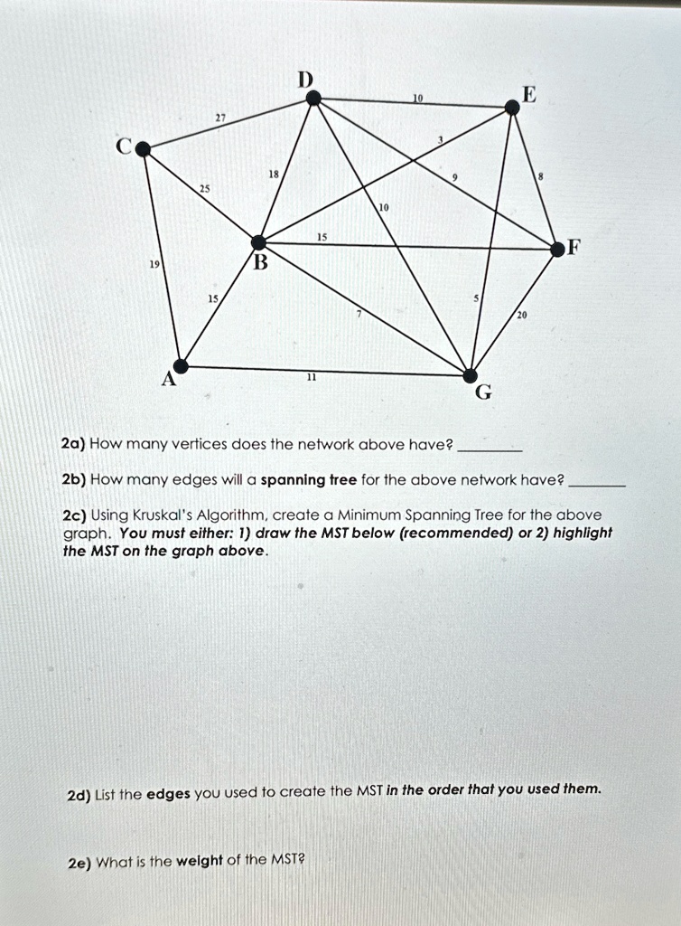 'bfs algorithm in python' poster, picture, metal... 27 C 25 18 19 A 15 B D 15 10 10 3 9 G E /20 8 F 2a) How many vertices ...