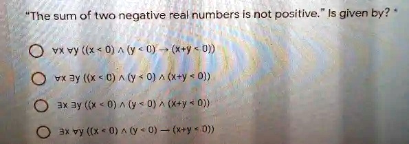 SOLVED: The sum of two negative real numbers is not positive: Is given ...