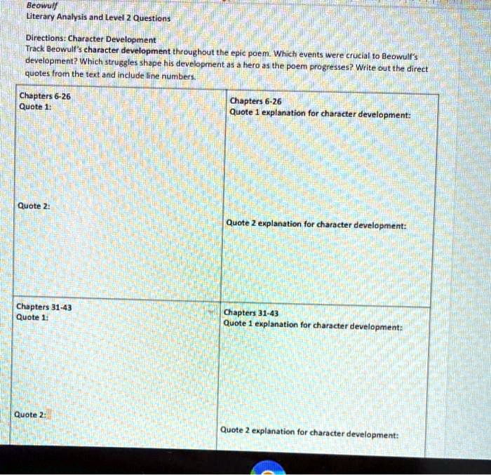 Beowulf
Literary Analysis and Level 2 Questions
Directions: Character Development
Track Beowulf's character development throughout the epic poem. Which events were crucial to Beowulf's
development? Which struggles shape his development as a hero as the poem progresses? Write out the direct
quotes from the text and include line numbers.
Chapters 6-26
Quote 1:
Chapters 6-26
Quote 1 explanation for character development:
Quote 2:
Quote 2 explanation for character development:
Chapters 31-43
Quote 1:
Chapters 31-43
Quote 1 explanation for character development:
Quote 2:
Quote 2 explanation for character development: