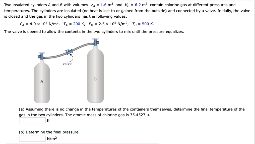 SOLVED: Two Insulated Cylinders A And B With Volumes VA 1.6 M3 And VB 6 ...