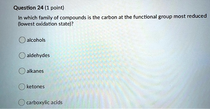 In which family of compounds is the carbon at the functional group most reduced (lowest oxidation state)?
alcohols
aldehydes
alkanes
ketones
carboxylic acids