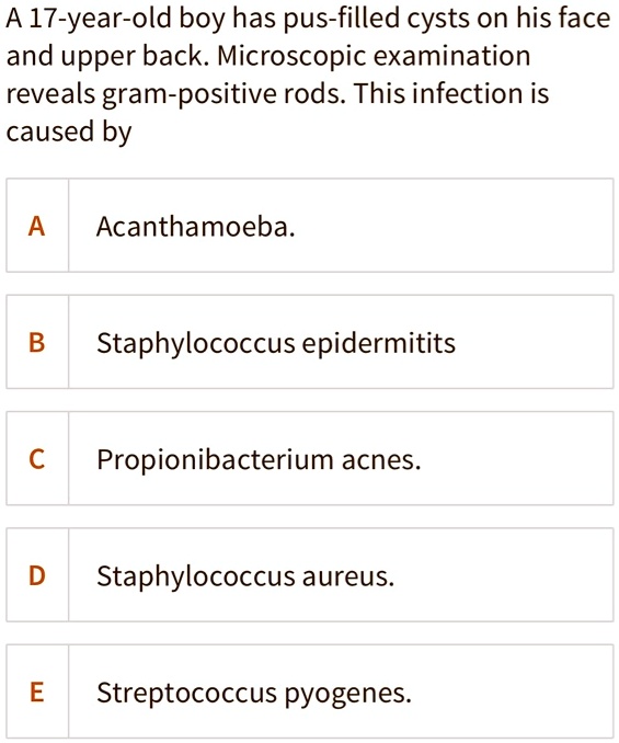 Solved 17 Year Old Boy Has Pus Filled Cysts On His Face And Upper Back Microscopic Examination 1998