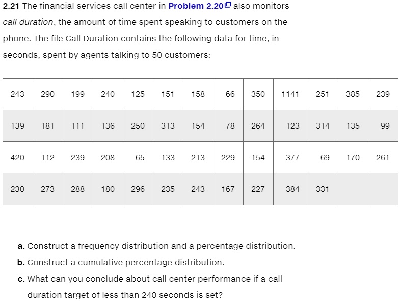 2.21 The financial services call center in Problem 2.20 also monitors call duration, the amount of time spent speaking to customers on the phone. The file Call Duration contains the following data for time, in seconds, spent by agents talking to 50 customers:

243 290 199 240 125 151 158 66 350 1141 251 385 239
139 181 111 136 250 313 154 78 264 123 314 135 99
420 112 239 208 65 133 213 229 154 377 69 170 261
230 273 288 180 296 235 243 167 227 384 331

a. Construct a frequency distribution and a percentage distribution.
b. Construct a cumulative percentage distribution.
c. What can you conclude about call center performance if a call duration target of less than 240 seconds is set?