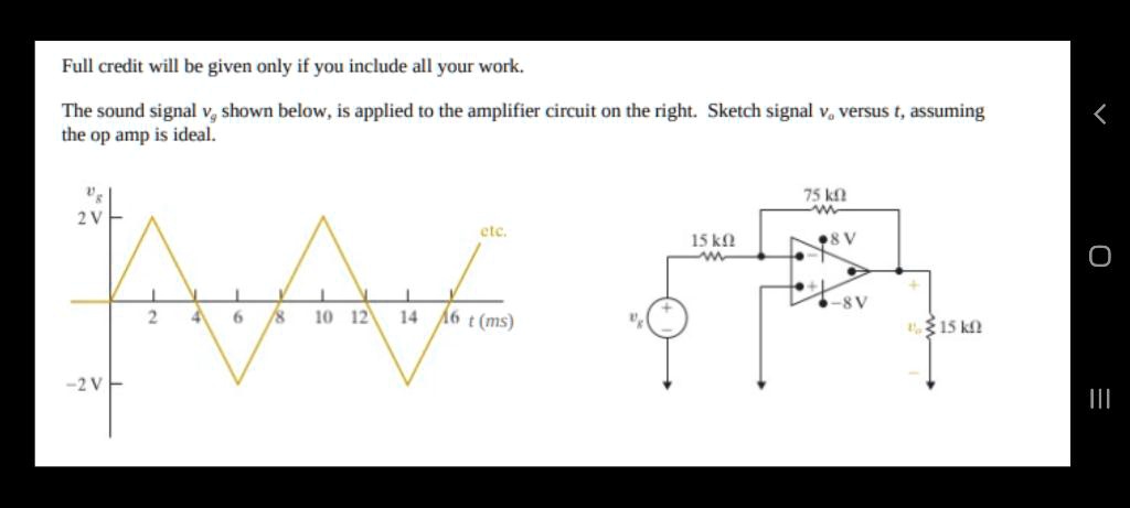Full credit will be given only if you include all your work.
The sound signal vs, shown below, is applied to the amplifier circuit on the right. Sketch signal vo versus t, assuming
the op amp is ideal.