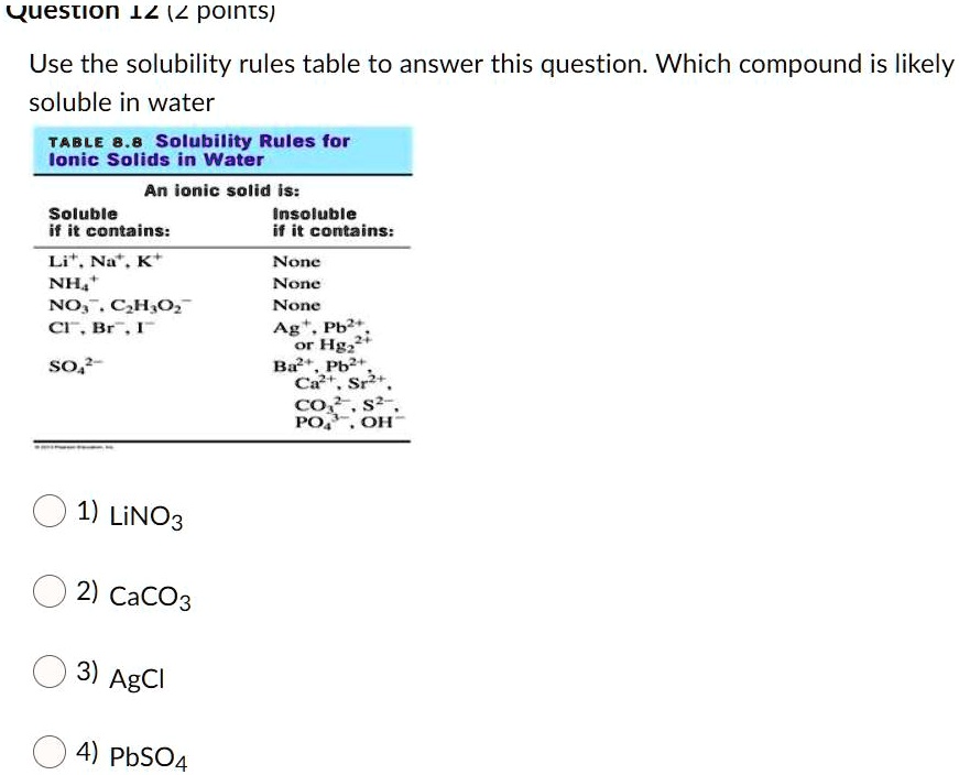 SOLVED:Question 12 (2 Points) Use The Solubility Rules Table To Answer ...