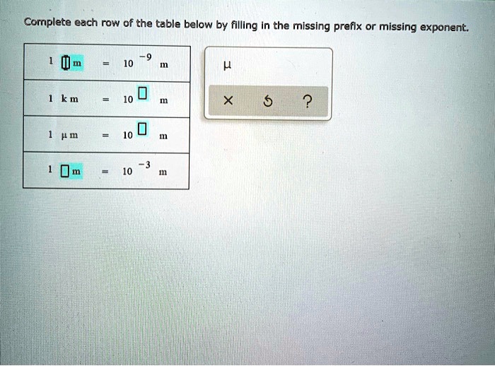 complete each row of the table below by filling in the missing prefix or missing exponent km 44529