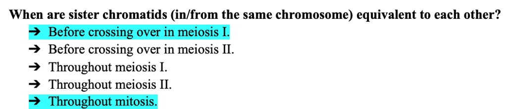 When are sister chromatids (in/from the same chromosome) equivalent to each other? ? Before crossing over in meiosis I. ? Before crossing over in meiosis II. ? Throughout meiosis I. ? Throughout meiosis II. ? Throughout mitosis.