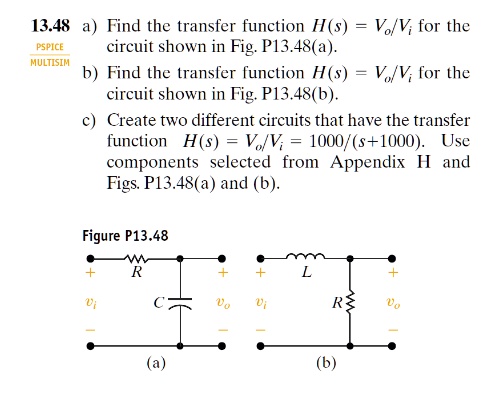 SOLVED: 13.48 A) Find The Transfer Function H(s) = V/V For The PSPICE ...