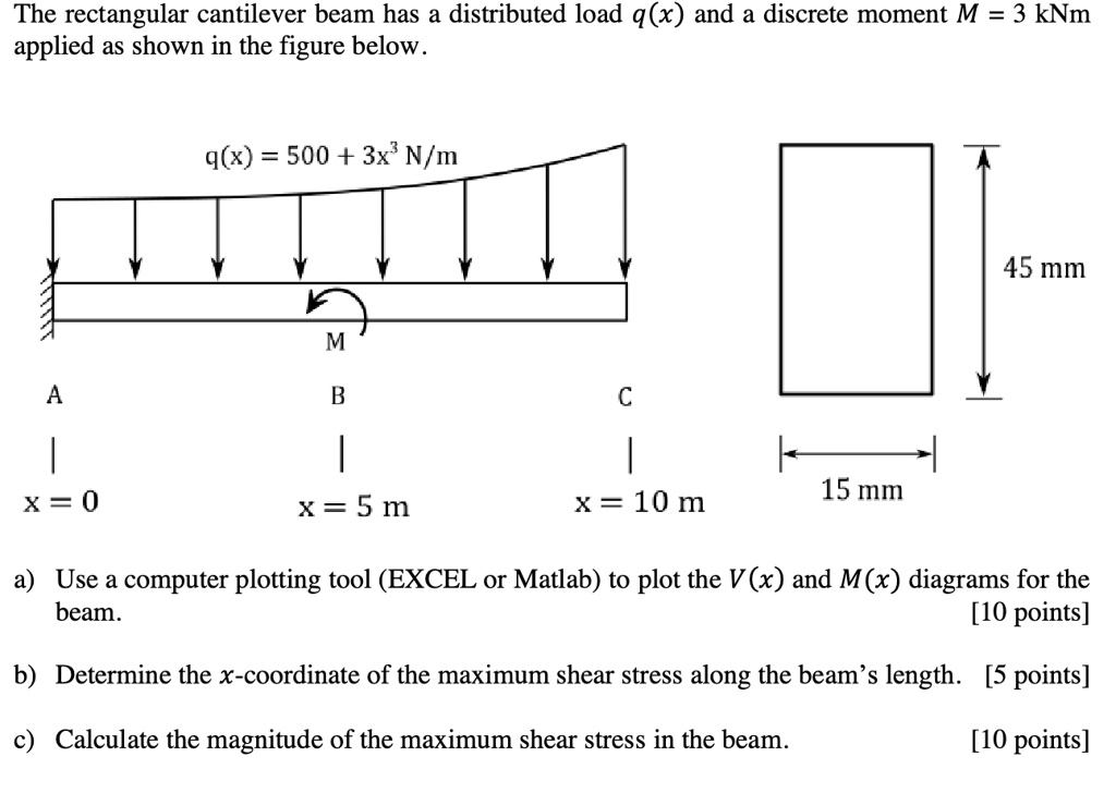 The rectangular cantilever beam has a distributed load q(x) and a discrete moment M = 3 kNm applied as shown in the figure below.
q(x) = 500 + 3x^3 N/m
M
A
B
x = 0
x = 5 m
C
x = 10 m
15 mm
45 mm
a) Use a computer plotting tool (EXCEL or Matlab) to plot the V(x) and M(x) diagrams for the beam.
[10 points]
b) Determine the x-coordinate of the maximum shear stress along the beam's length. [5 points]
c) Calculate the magnitude of the maximum shear stress in the beam.
[10 points]