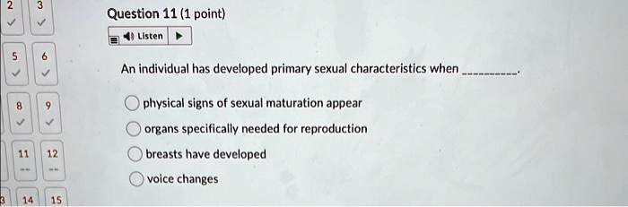 An individual has developed primary sexual characteristics when .
physical signs of sexual maturation appear
organs specifically needed for reproduction
breasts have developed
voice changes