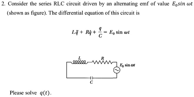 Consider the series RLC circuit driven by an alternating emf of value E0 sin ?t (shown as figure). The differential equation of this circuit is L q¨ + R q? + q/C = E0 sin ?t.

Please solve q(t).