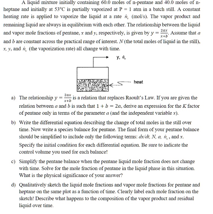 Solved A Liquid Mixture Initially Containing 60 0 Moles Of N Pentane And 40 0 Moles Of N