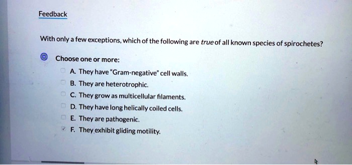 With only a few exceptions, which of the following are true of all known species of spirochetes?

Choose one or more:
A. They have "Gram-negative" cell walls.
B. They are heterotrophic.
C. They grow as multicellular filaments.
D. They have long helically coiled cells.
E. They are pathogenic.
F. They exhibit gliding motility.