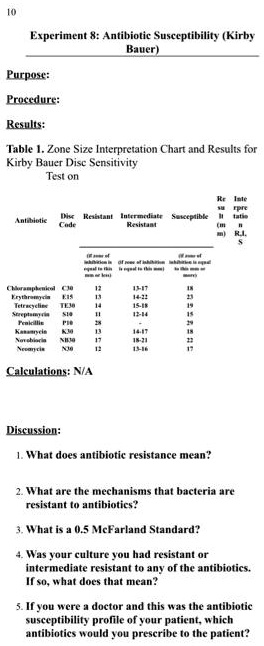 SOLVED: Experiment Antimicrobial Susceptibility (Kirby Bauer) Purpose ...