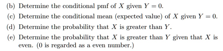 SOLVED: Determine the conditional pmf of X given Y = 0 Determine the ...