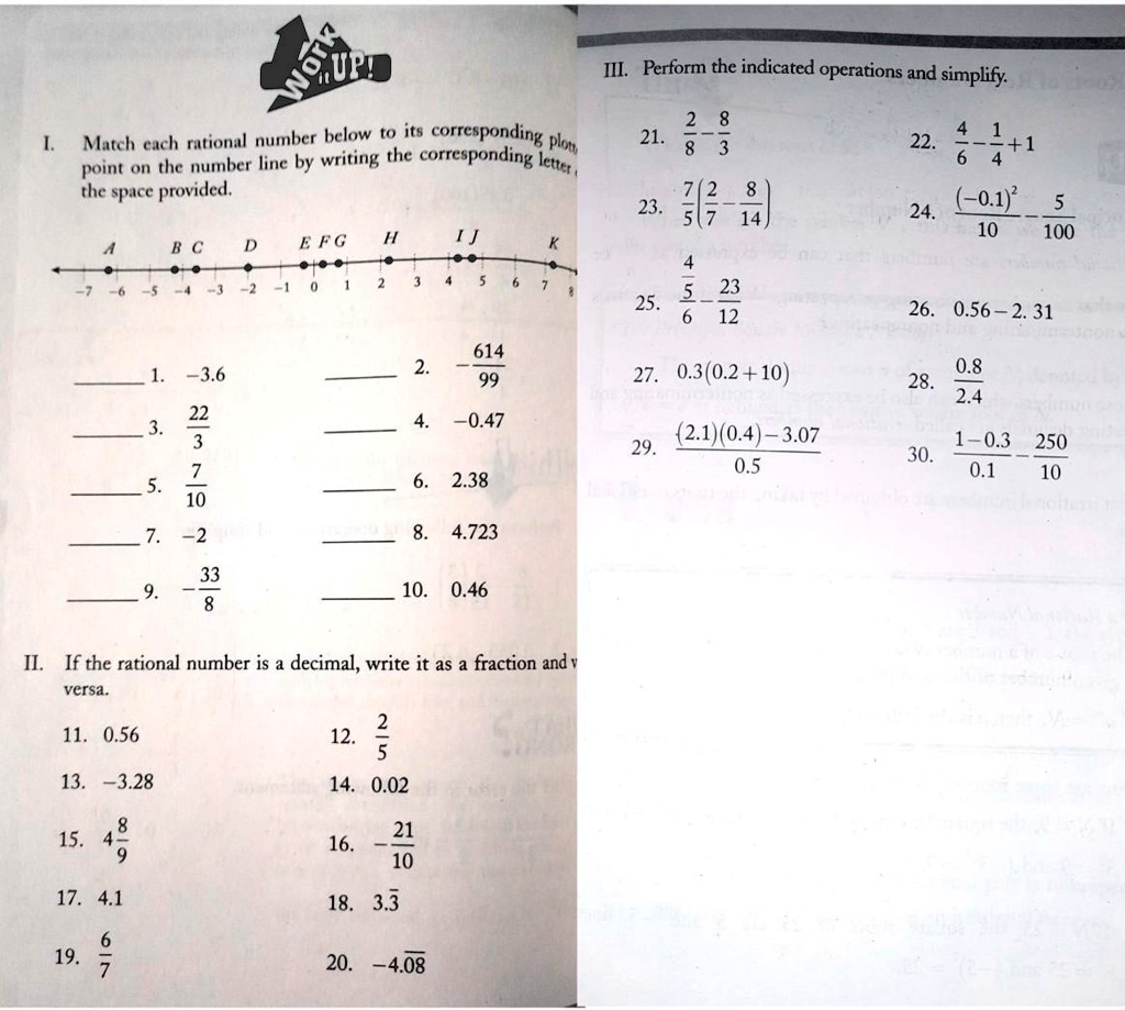 I. Match each rational number below to its corresponding plotted point on the number line by writing the corresponding letter on the space provided.

1. -3.6 2. -614/99
3. 22/3 4. -0.47
5. 7/10 6. 2.38
7. -2 8. 4.723
9. -33/8 10. 0.46

II. If the rational number is a decimal, write it as a fraction and vice versa.
11. 0.56 12. 2/5
13. -3.28 14. 0.02
15. 4 8/9 16. -21/10
17. 4.1 18. 3.3?
19. 6/7 20. -4.08?

III. Perform the indicated operations and simplify.
21. 2/8 - 8/3
22. 4/6 - 1/4 + 1
23. 7/5 (2/7 - 8/14)
24. (-0.1)" / 10 - 5/100
25. (4/5) / (23/12)
26. 0.56 - 2.31
27. 0.3(0.2 + 10)
28. 0.8 / 2.4
29. [(2.1)(0.4) - 3.07] / 0.5
30. (1 - 0.3) / 0.1 - 250/10