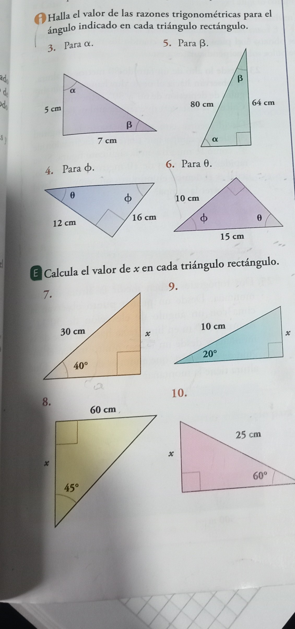 Halla el valor de las razones trigonométricas para el ángulo indicado en cada triángulo rectángulo.
3. Para α.
5. Para β.
4. Para ϕ.
6. Para θ.

E Calcula el valor de x en cada triángulo rectángulo.
7.
8.
9.
10.