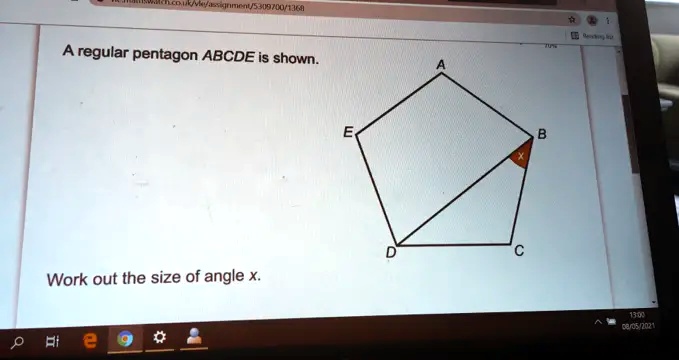 SOLVED: A regular pentagon ABCDE is shown. Work out the size of angle X ...