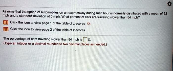 Assume that the speed of automobiles on an expressway during rush hour is normally distributed with a mean of 62 mph and a standard deviation of 5 mph. What percent of cars are traveling slower than 54 mph?
The percentage of cars traveling slower than 54 mph is %.
(Type an integer or a decimal rounded to two decimal places as needed.)