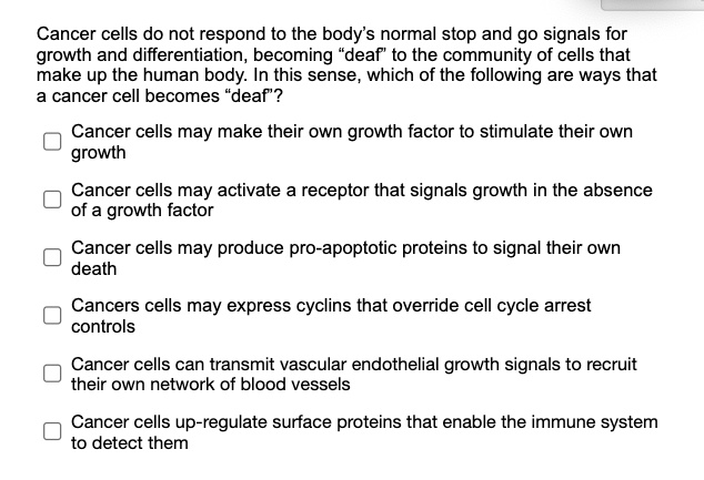 Cancer cells do not respond to the body's normal stop and go signals for growth and differentiation, becoming "deaf" to the community of cells that make up the human body. In this sense, which of the following are ways that a cancer cell becomes "deaf"?
Cancer cells may make their own growth factor to stimulate their own growth
Cancer cells may activate a receptor that signals growth in the absence of a growth factor
Cancer cells may produce pro-apoptotic proteins to signal their own death
Cancers cells may express cyclins that override cell cycle arrest controls
Cancer cells can transmit vascular endothelial growth signals to recruit their own network of blood vessels
Cancer cells up-regulate surface proteins that enable the immune system to detect them