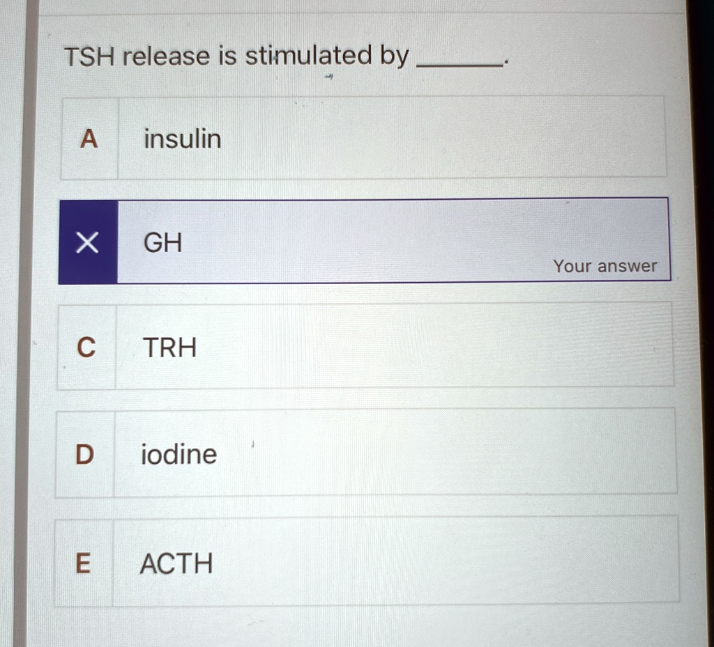TSH release is stimulated by
A insulin
X GH
C TRH
D iodine
E ACTH