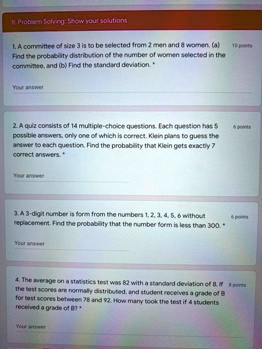 SOLVED:Prablem Solving: Show your solutions A committee of is be selected from 2 men and 8 women: (a) 10 points the probability distribution of the number of women selected