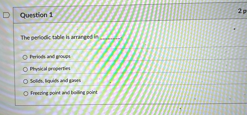 Question 1
The periodic table is arranged in .
Periods and groups
Physical properties
Solids, liquids and gases
Freezing point and boiling point