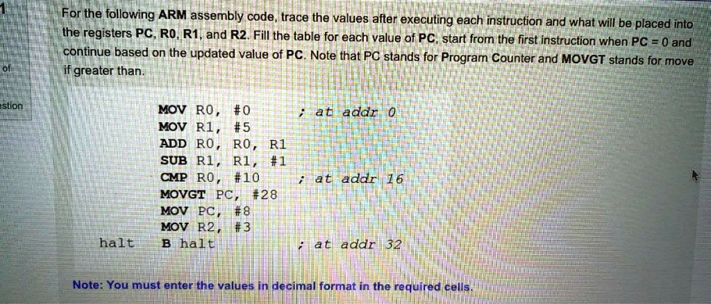 for the following arm assembly code trace the values after executing ...