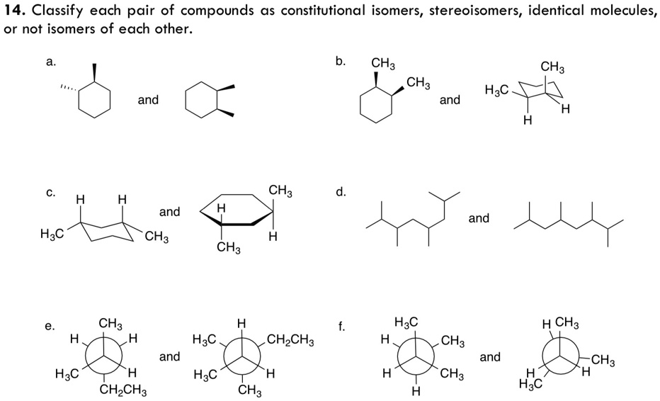 Solved 14 Classify Each Pair Of Compounds As Constitutional Isomers Stereoisomers Identical 8699