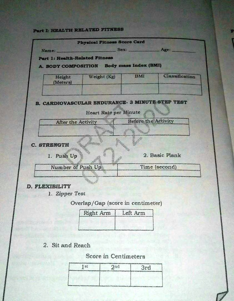 SOLVED: Part I HEALTH RELATED FITNESS Physical Fitness: Core Card Sex: Name:  Age: Part 1: Health-Related Fitness BODY COMPOSITION Body Mass Index (BMI)  Height (Meters) Weight (Kg) BMI Classification CARDIOVASCULAR ENDURANCE- 3