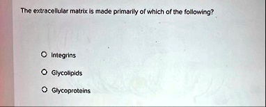 the extracellular matrix is made primarily of which of the following o integrins o glycolipids o glycoproteins 76658