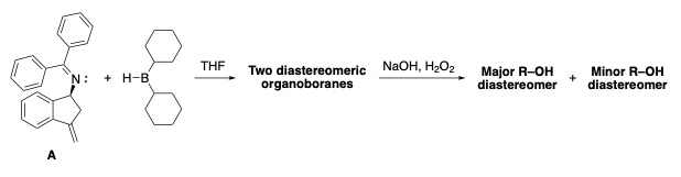 A
N: + H-B
THF
Two diastereomeric organoboranes
NaOH, H2O2
Major R-OH diastereomer + Minor R-OH diastereomer