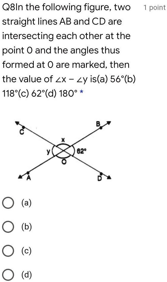 Q8In the following figure, two straight lines AB and CD are intersecting each other at the point O and the angles thus formed at O are marked, then the value of zx - zy is(a) 56°(b) 118°(c) 62°(d) 180°