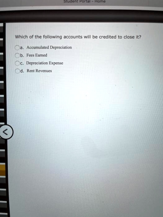 Which of the following accounts will be credited to close it?
a. Accumulated Depreciation
b. Fees Earned
c. Depreciation Expense
d. Rent Revenues