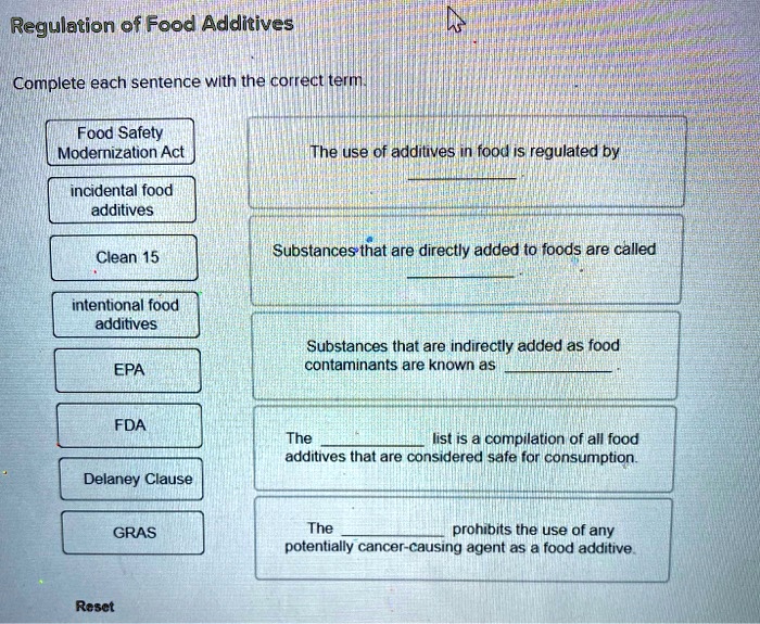 SOLVED Regulation of Food Additives Complete each sentence with the