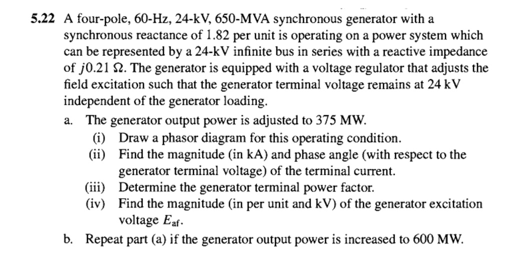 SOLVED 5.22 A fourpole, 60Hz, 24kV, 650MVA synchronous generator