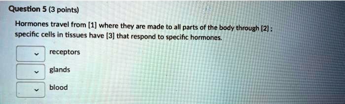 Question 5 (3 points)
Hormones travel from [1] where they are made to all parts of the body through [2] ;
specific cells in tissues have [3] that respond to specific hormones.
receptors
glands
blood