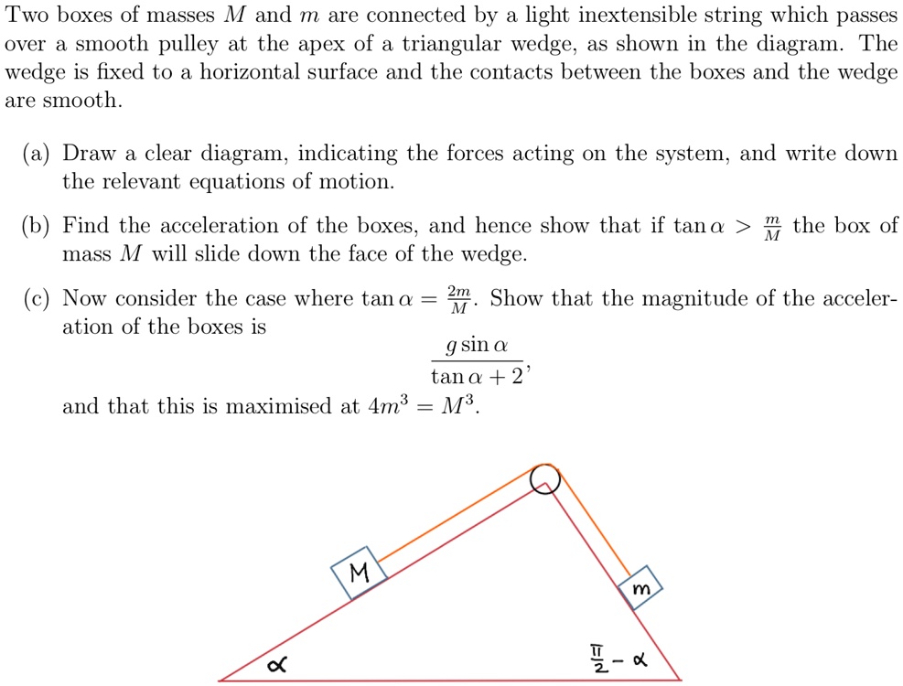 String Extention Equations Two boxes of masses M and m are connected by a light inextensible ...