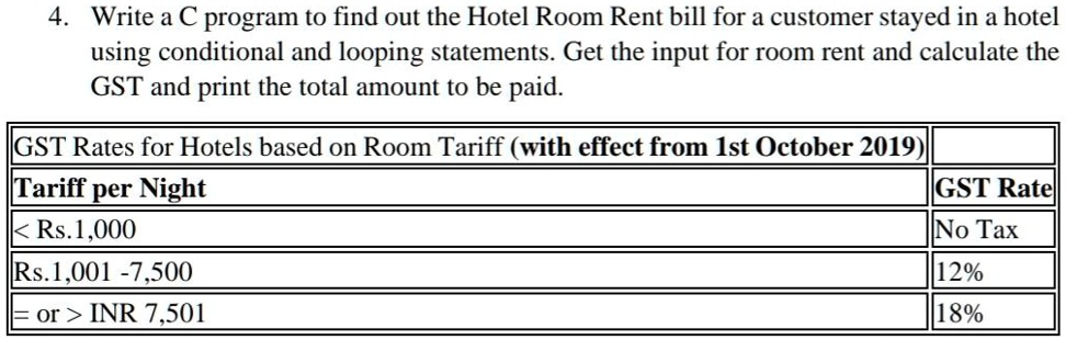 SOLVED: Write a C program to find out the Hotel Room Rent bill for a ...
