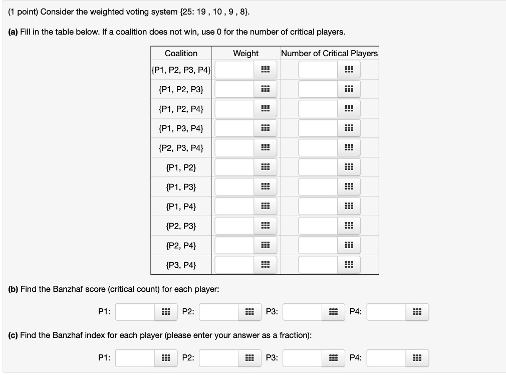point consider the weighted voting system 25 19 10 9 8 a fill in the table below if a coalition does not win use 0 for the number of critical players coalition weight number of critical play 87453