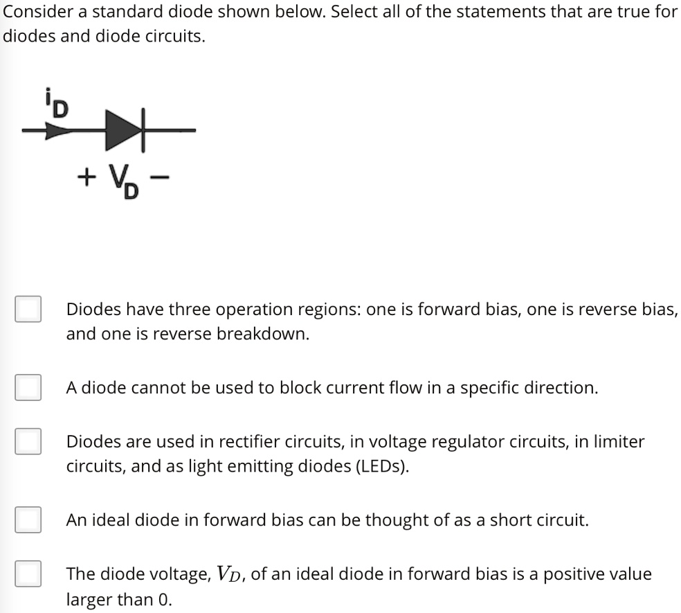 SOLVED Consider a standard diode shown below. Select all of the