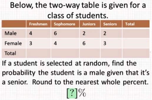 Below, the two-way table is given for a
class of students.
| | Freshmen | Sophomore | Juniors | Seniors | Total |
|———|———-|———–|———|———|——-|
| Male | 4 | 6 | 2 | 2 | |
| Female | 3 | 4 | 6 | 3 | |
| Total | | | | | |
If a student is selected at random, find the
probability the student is a male given that it's
a senior. Round to the nearest whole percent.
[?]%