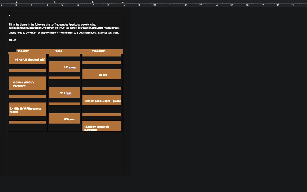 Fill in the blanks in the following chart of frequencies/periods ...
