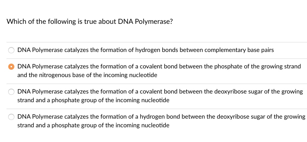 Which of the following is true about DNA Polymerase?

DNA Polymerase catalyzes the formation of hydrogen bonds between complementary base pairs
DNA Polymerase catalyzes the formation of a covalent bond between the phosphate of the growing strand and the nitrogenous base of the incoming nucleotide
DNA Polymerase catalyzes the formation of a covalent bond between the deoxyribose sugar of the growing strand and a phosphate group of the incoming nucleotide
DNA Polymerase catalyzes the formation of a hydrogen bond between the deoxyribose sugar of the growing strand and a phosphate group of the incoming nucleotide
